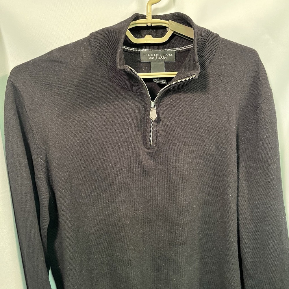The Mens Store Bloomies Black‎ Large 100% Merino Wool 1/4 Zip Pullover Sweater